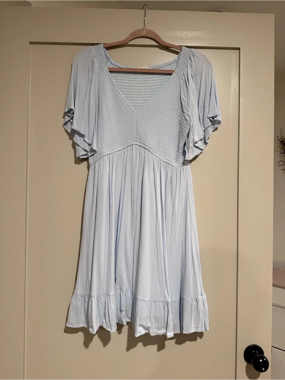 Light Blue Smocked Front Ruffle Hem Maternity Dress - Picture 2 of 6
